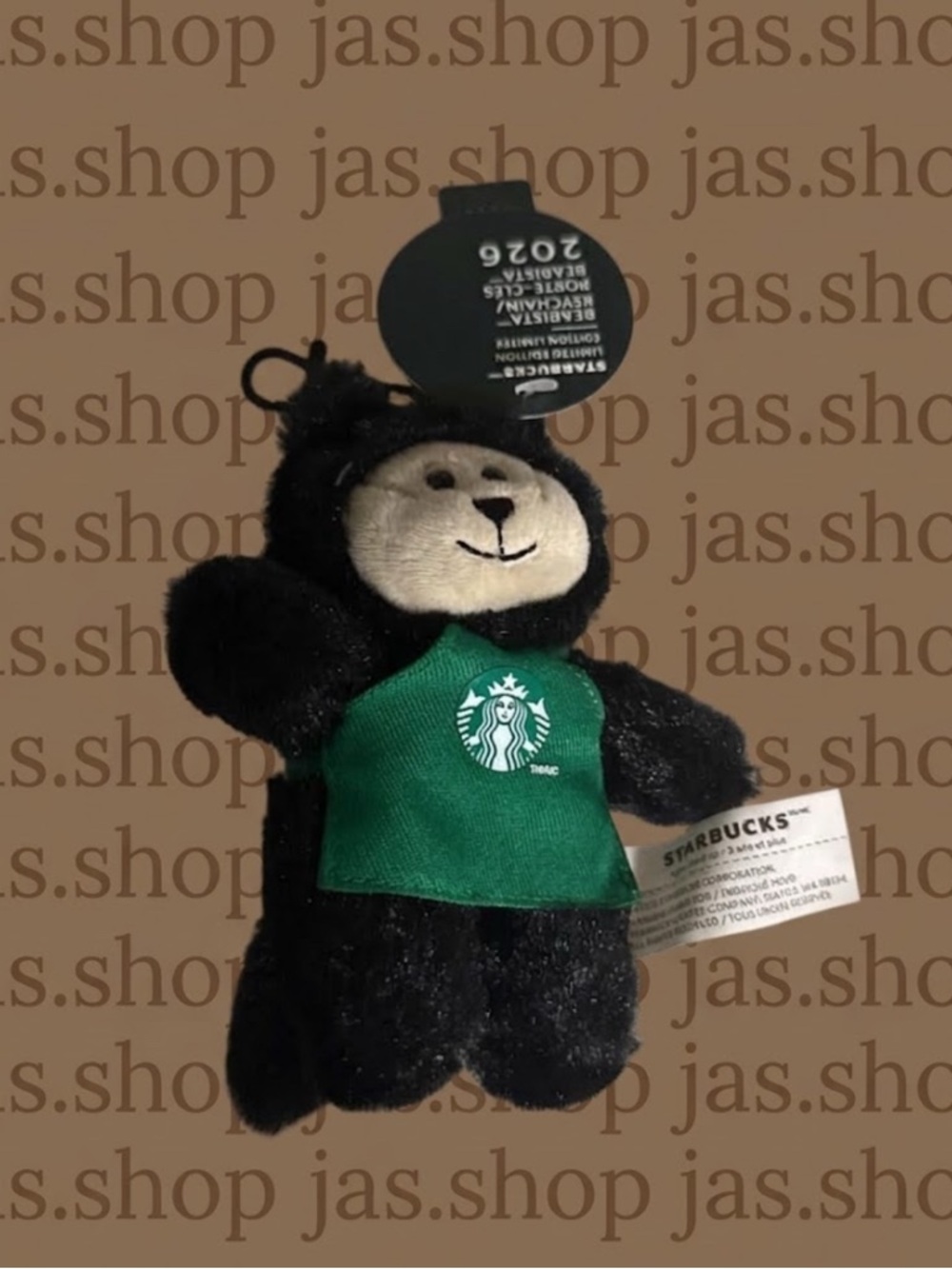 Starbucks Black Cat Plush Bear Keychain with Green Apron